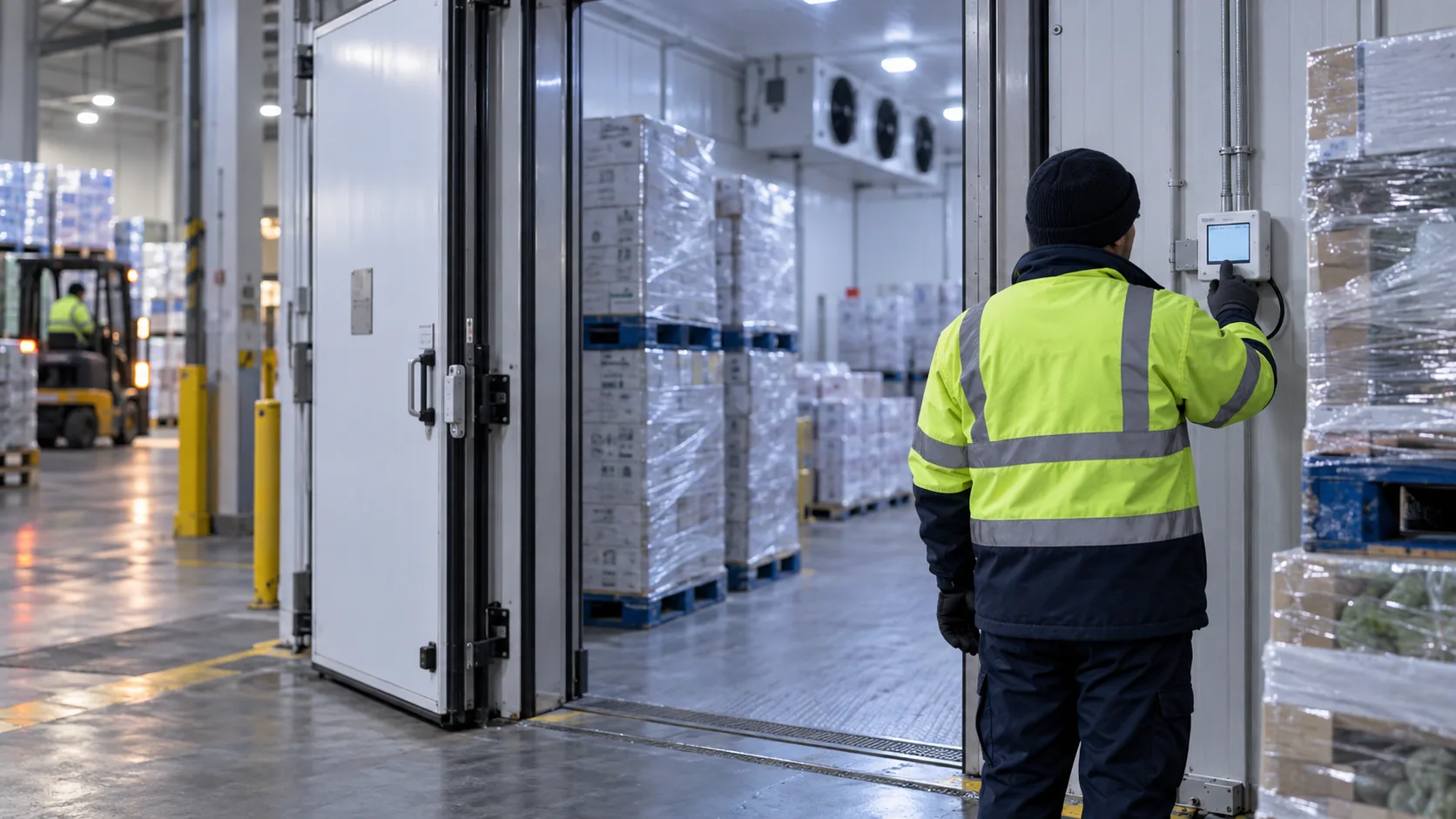 Cold-store worker checking a monitoring terminal